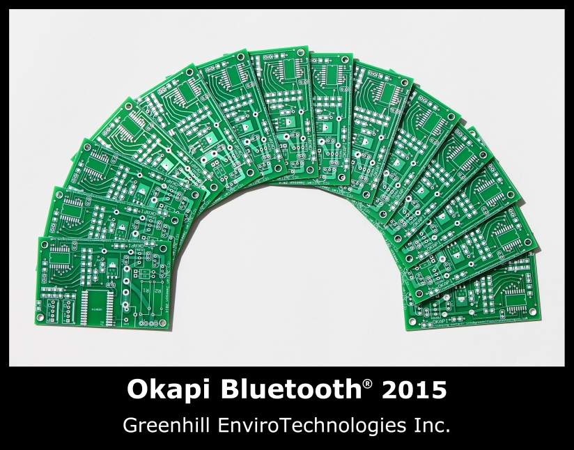 Green Rainbow of Okapi Bluetooth Circuit Boards, ready for production. Kickstarter Project. Greenhill EnviroTechnologies Inc.